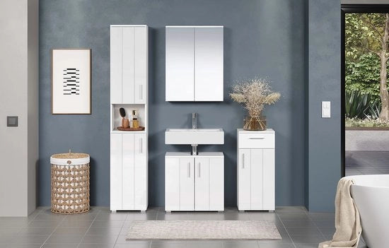 Armadio da bagno - Cassetto di archiviazione - Sedia per appendere gli abiti - Mobili da appendere - Organizzatore - Mobili - Bianco alta finitura - 37x83x31 cm