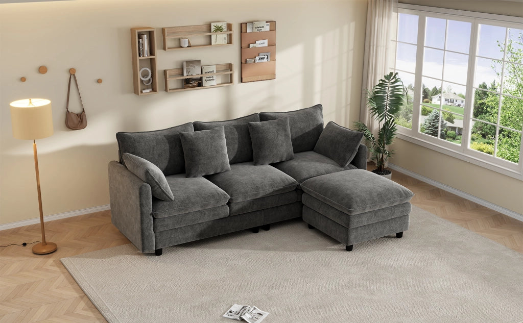 Divano angolare a L con chaise longue mobile, 3 posti, 212¡Á150¡Á90 cm, in tessuto Chenille grigio, portata fino a 120 kg