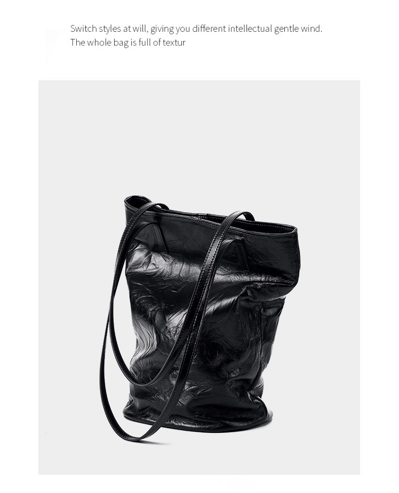 Borsa a secchiello da donna in pelle di vacchetta, grande capacit¨¤, stile retr¨°, borsa a tracolla nera