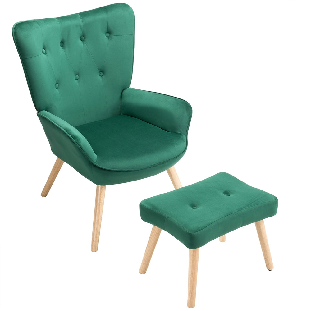 Poltrona Stile Scandinavo con Schienale Alto e Poggiapiedi In Velluto e Gambe in Legno Verde