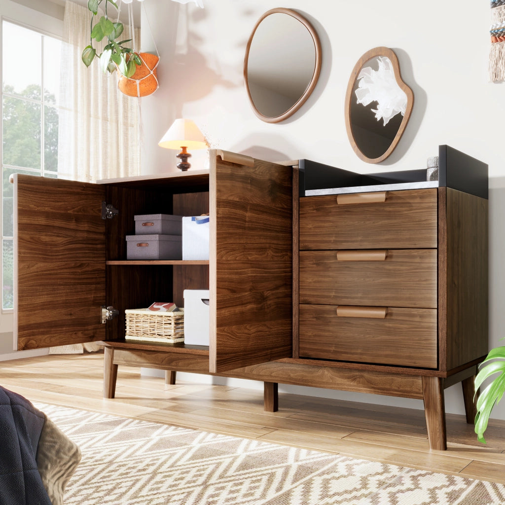 Credenza soggiorno effetto rovere con piano effetto marmo, 3 cassetti, vano con doppia anta e ripiani regolabili, H77/L120/P40 cm