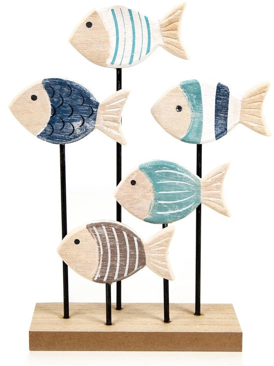 scuola di pesci di legno da appendere, estate, mare, spiaggia & vacanza, decorazione marittima per bagno & soggiorno, decorazione marittima interna, decorazione bagno marittima, decorazione di legno, 26 x 18 x 6 cm