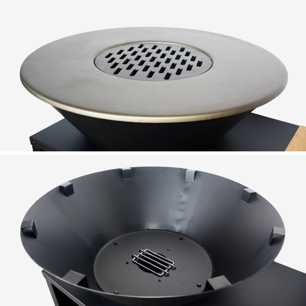 Braciere barbecue ø80cm, carrello con spazi di stoccaggio e coperchio,