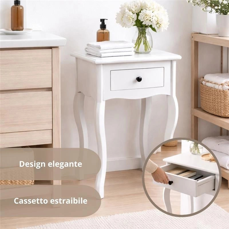 MA MAISON COMODINO BIANCO IN LEGNO, TAVOLINO DA NOTTE SHABBY CHIC CON CASSETTO ESTRAIBILE PER CAMERA DA LETTO E SALOTTO