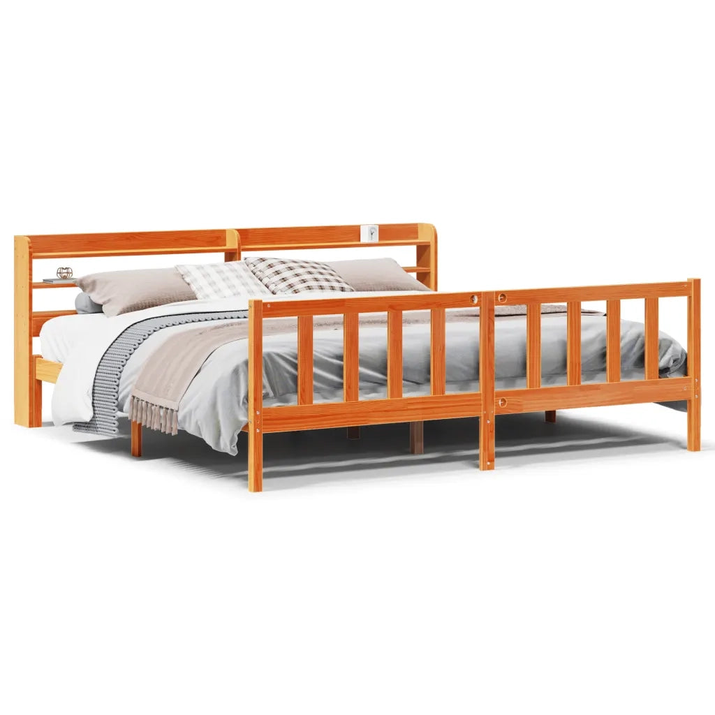 Giroletto con Testiera-Struttura Letto con testiera Marrone Cera 200x200 cm Massello Pino 178045