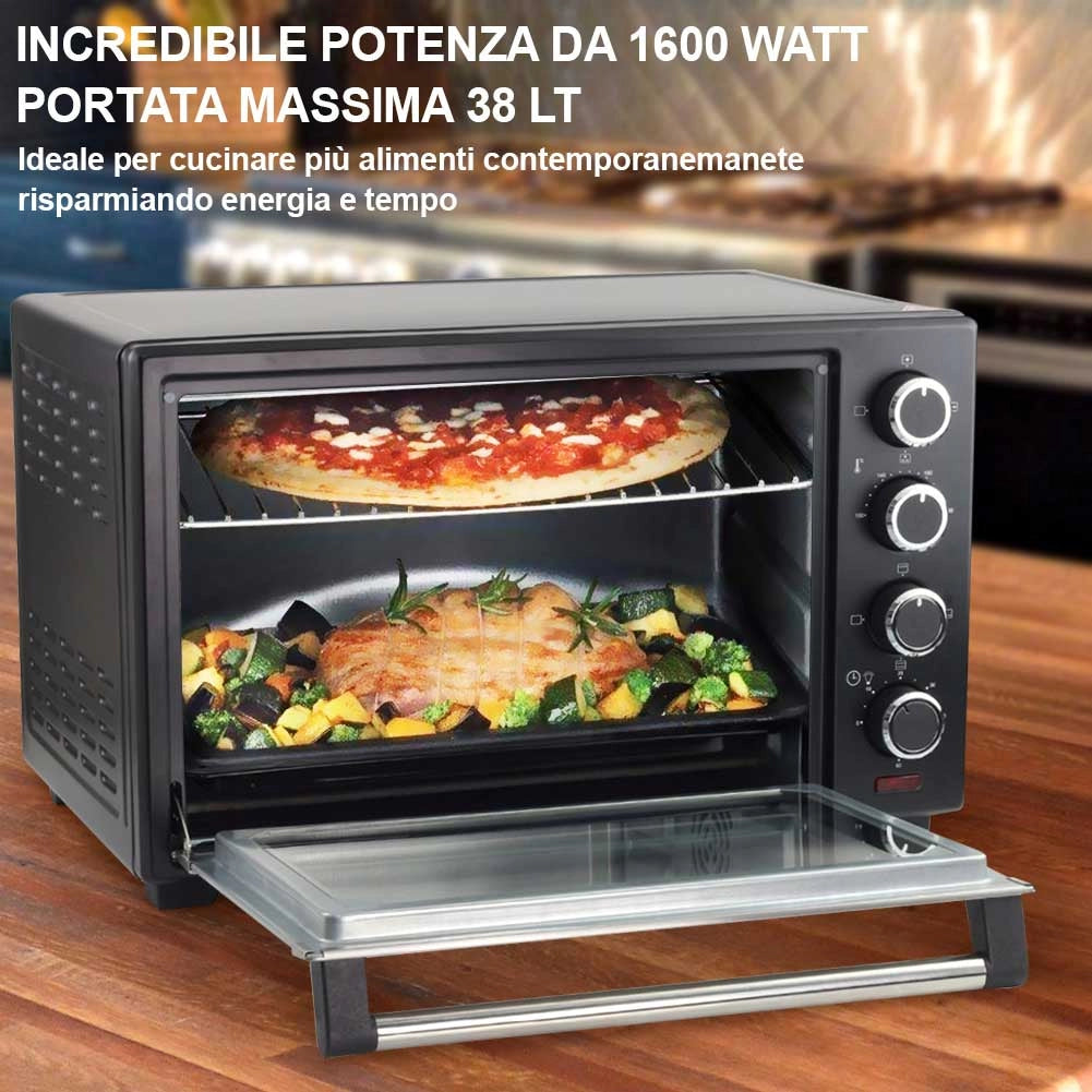 Forno Fornetto Elettrico Ventilato 38 litri 1600W Luce Interna Timer Girarrosto