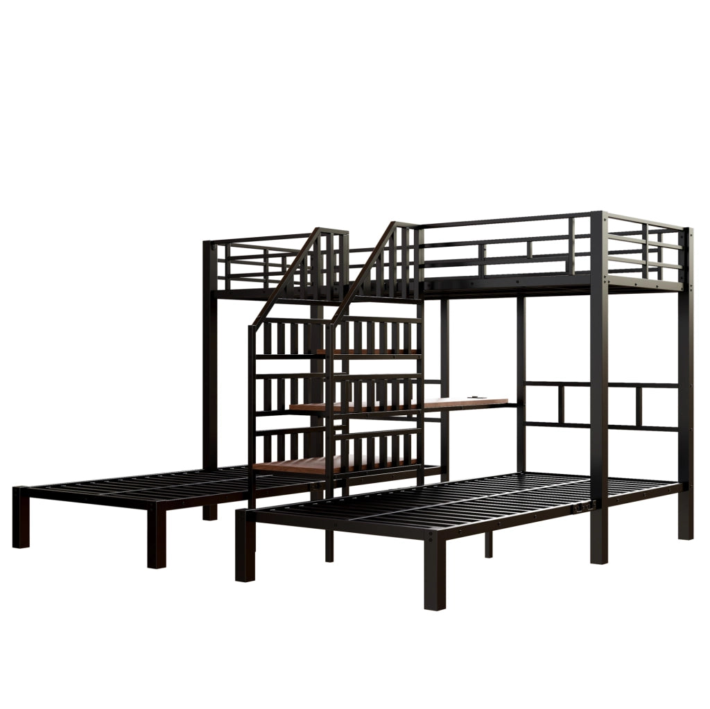 Letto a castello 90x200 cm in metallo e MDF con LED; scrivania; USB e vano contenitore; nero