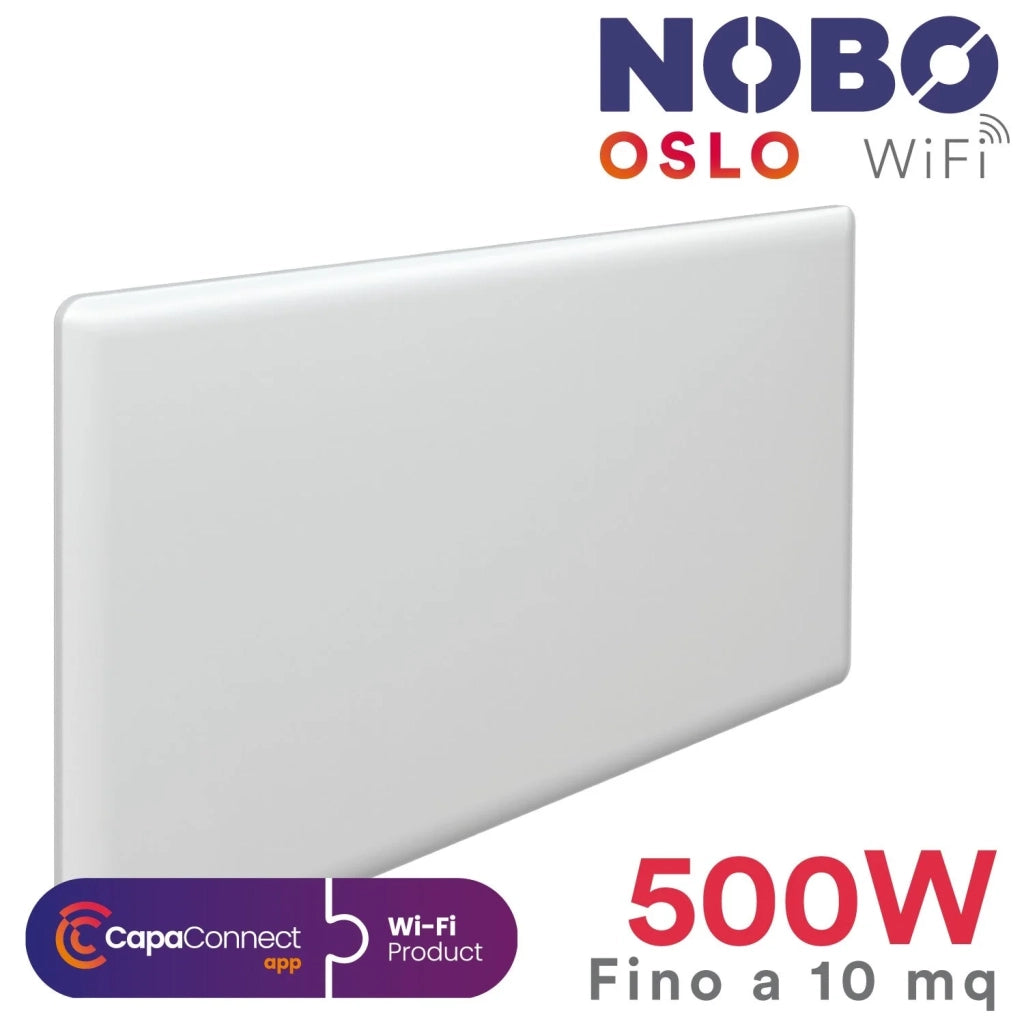 Radiatore elettrico norvegese NOBO OSLO WiFi 500W perfetto per ambienti fino a 10 m_, riscaldamento uniforme ed ecologico.