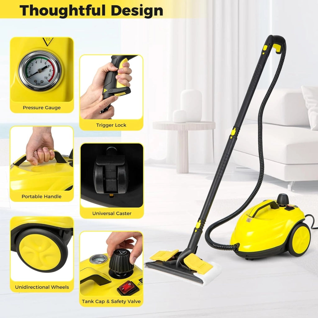 Potente Pulitore a Vapore 2000W, 14 Accessori, Pressione Massima 5 Bar, Temperatura 160℃, Riscaldamento Rapido 8 Minuti, Serbatoio 1,8L, per Pavimenti, Divani, Cucina, Superficie 108 m² (Giallo)