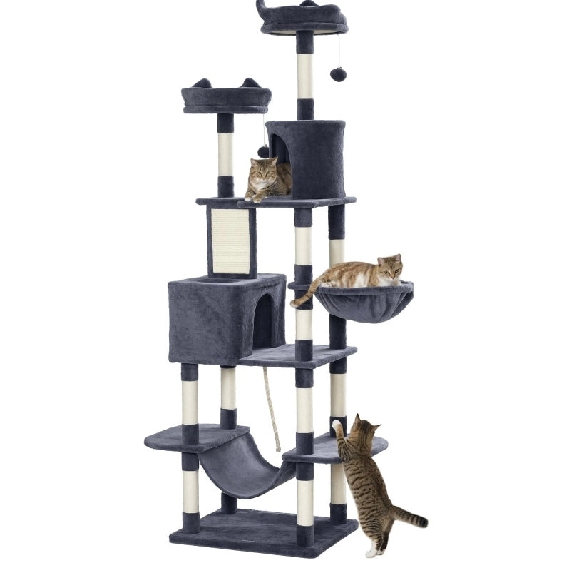 Tiragraffi ULEVR 206 cm con 2 cucce, 2 nicchie e 2 amache, pali in sisal, grigio scuro