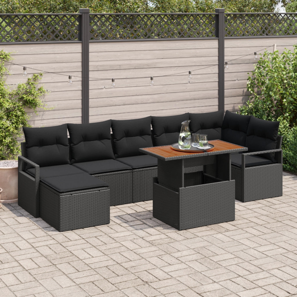 Set di Divani da Giardino 8 Pezzi con Cuscini Nero Rattan Sintetico Acacia