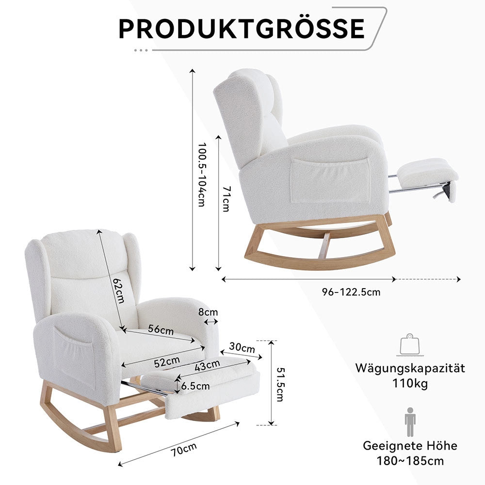Sedia a dondolo allattamento - Xylo - Struttura in legno, tessuto Teddy, poche, bianco