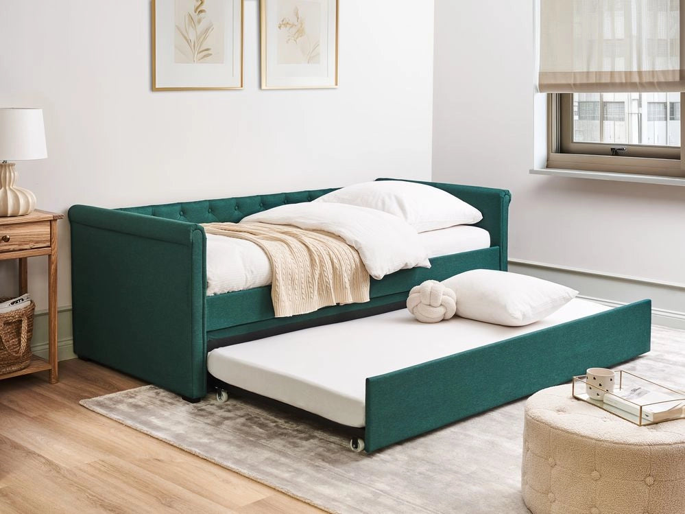 Divano Letto estraibile 90 x 200 cm Rivestimento in tessuto verde Misura singola sottoletto per ospiti abbottonato