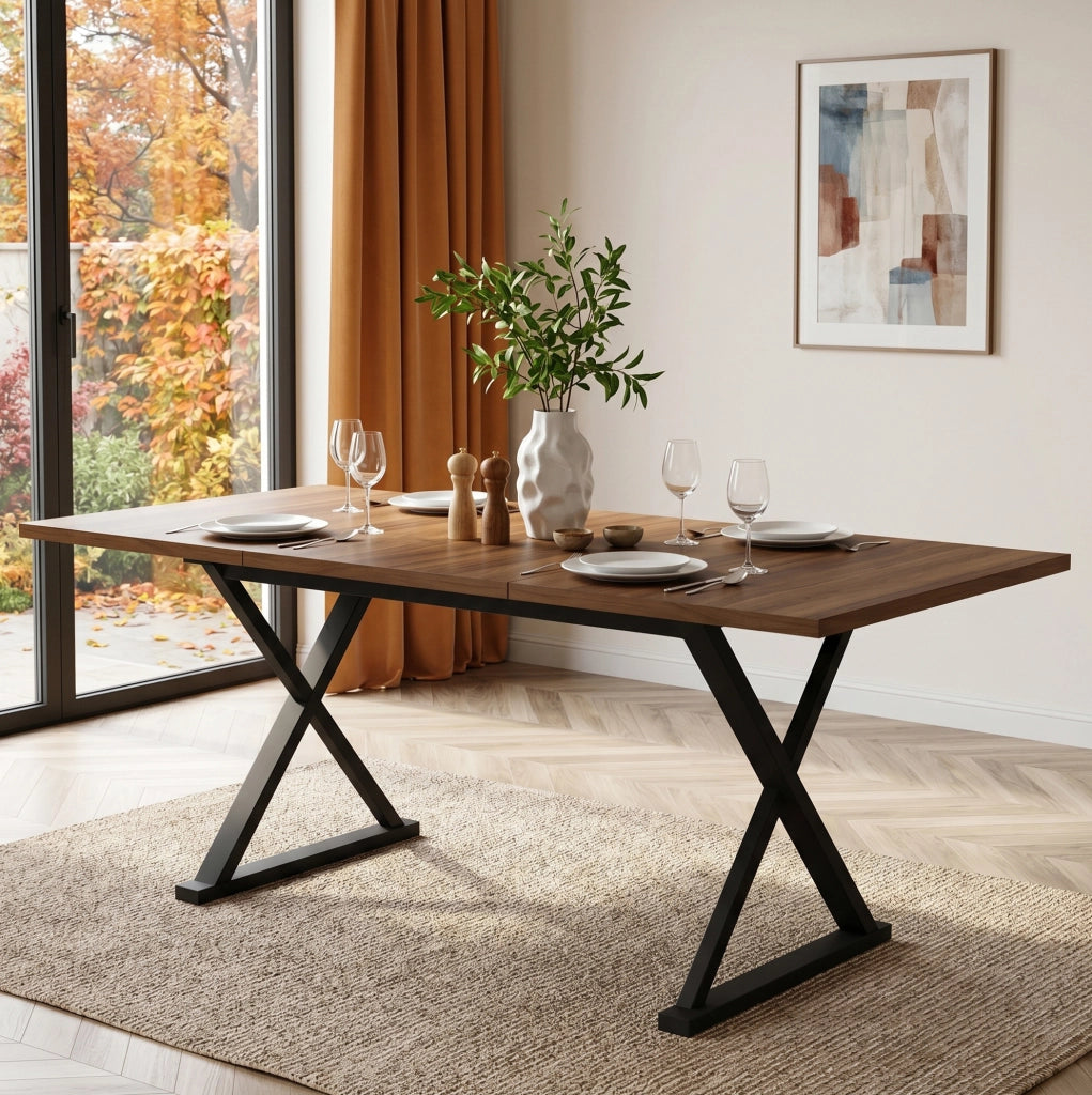Tavolo da pranzo 180x90x75 cm in MDF con gambe in metallo a X; noce