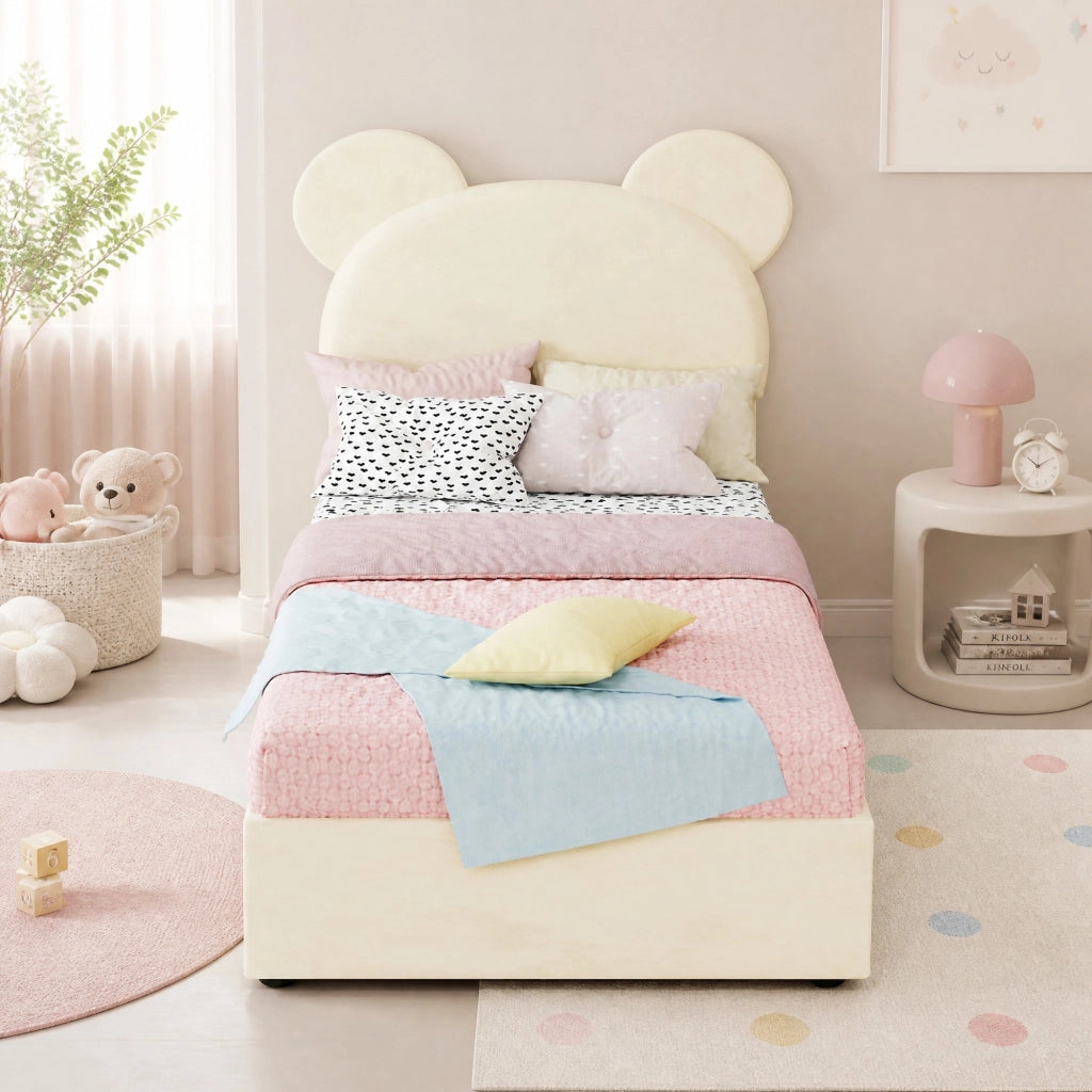 Letto imbottito 90 x 200 cm con vano contenitore a sollevamento pneumatico; beige