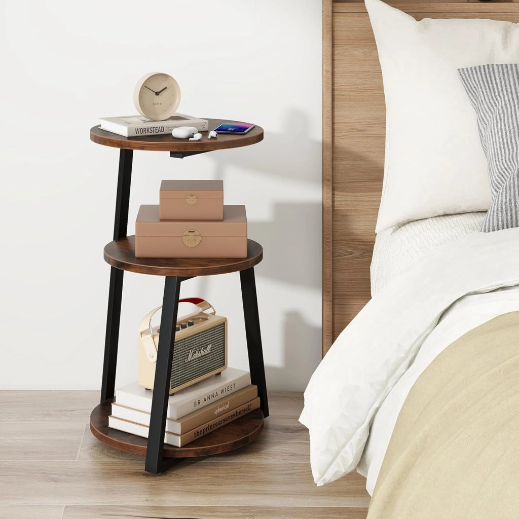 Tavolino a 3 livelli 62 cm, comodino con 3 ripiani in legno, tavolino da caffè con telaio in metallo con piedini regolabili, tavolino rotondo design industriale