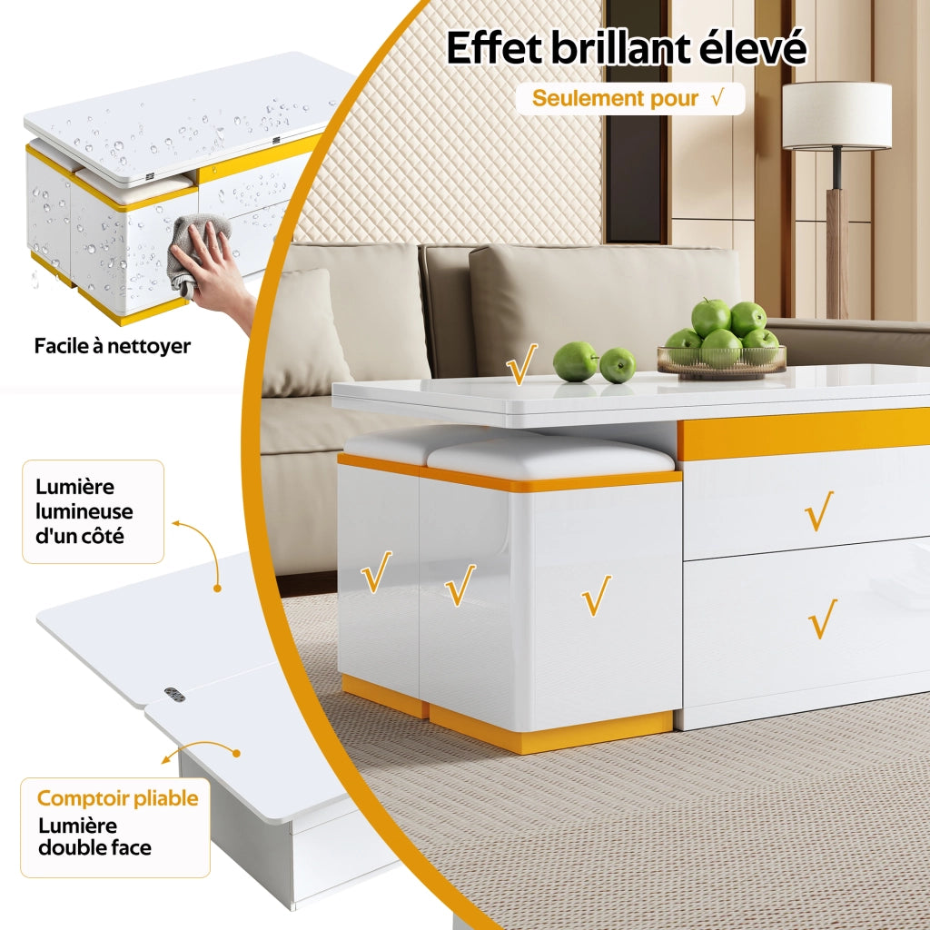 Tavolino Da Salotto Alzabile ed Estensibile con 1 Cassetto e Vani; Lucido Parziale; in MDF; Bianco Giallo