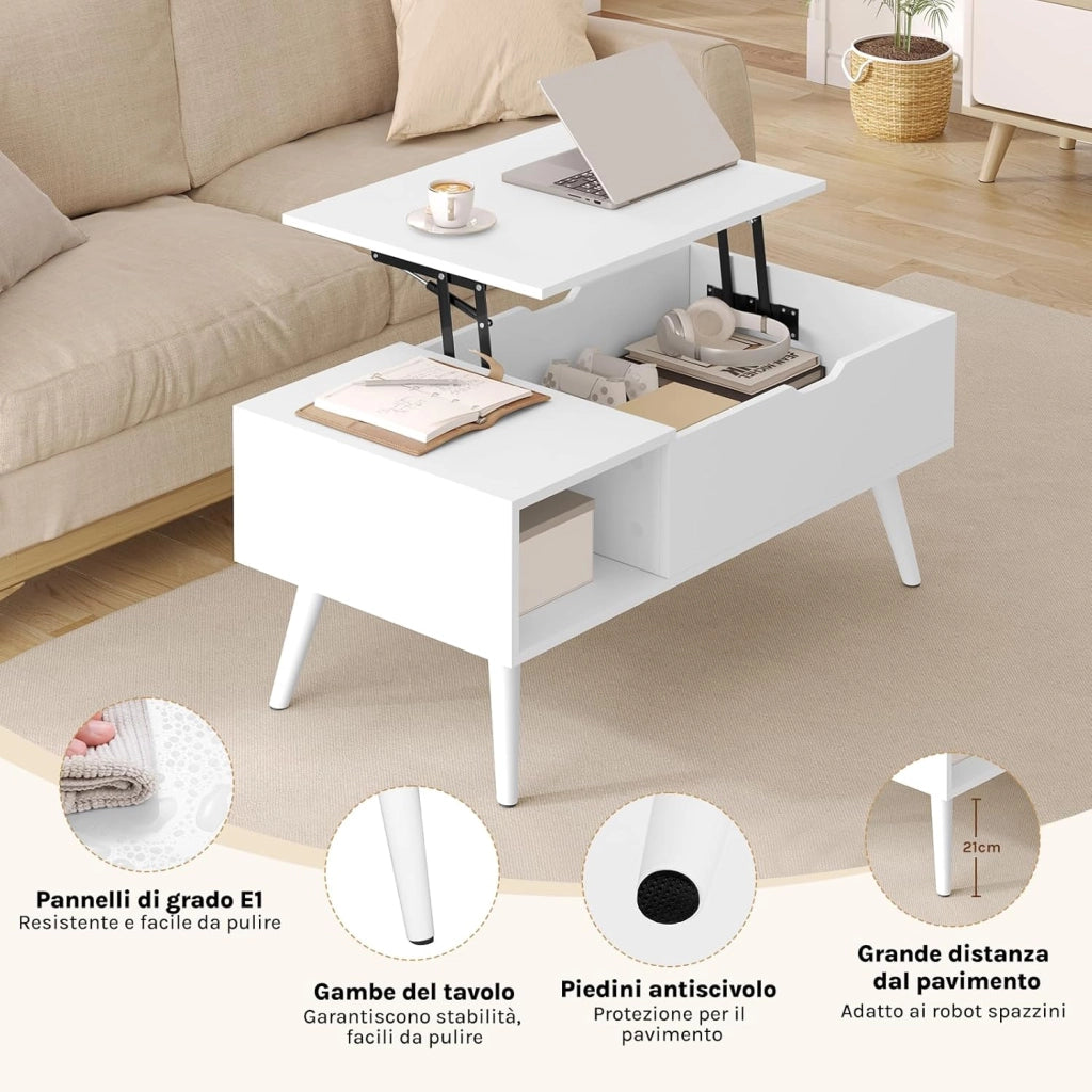 Tavolino da Caffè Sollevabile e Allungabile, Tavolo con Spazio Interno e Scomparto Aperto, Tavolino da Salotto per Soggiorno, 100x50x(43-57) cm, Bianco, BTS26ws