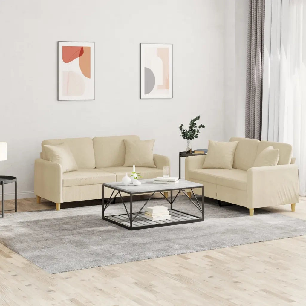 Set Divani 2 pz con Cuscini Crema in Tessuto 3202104