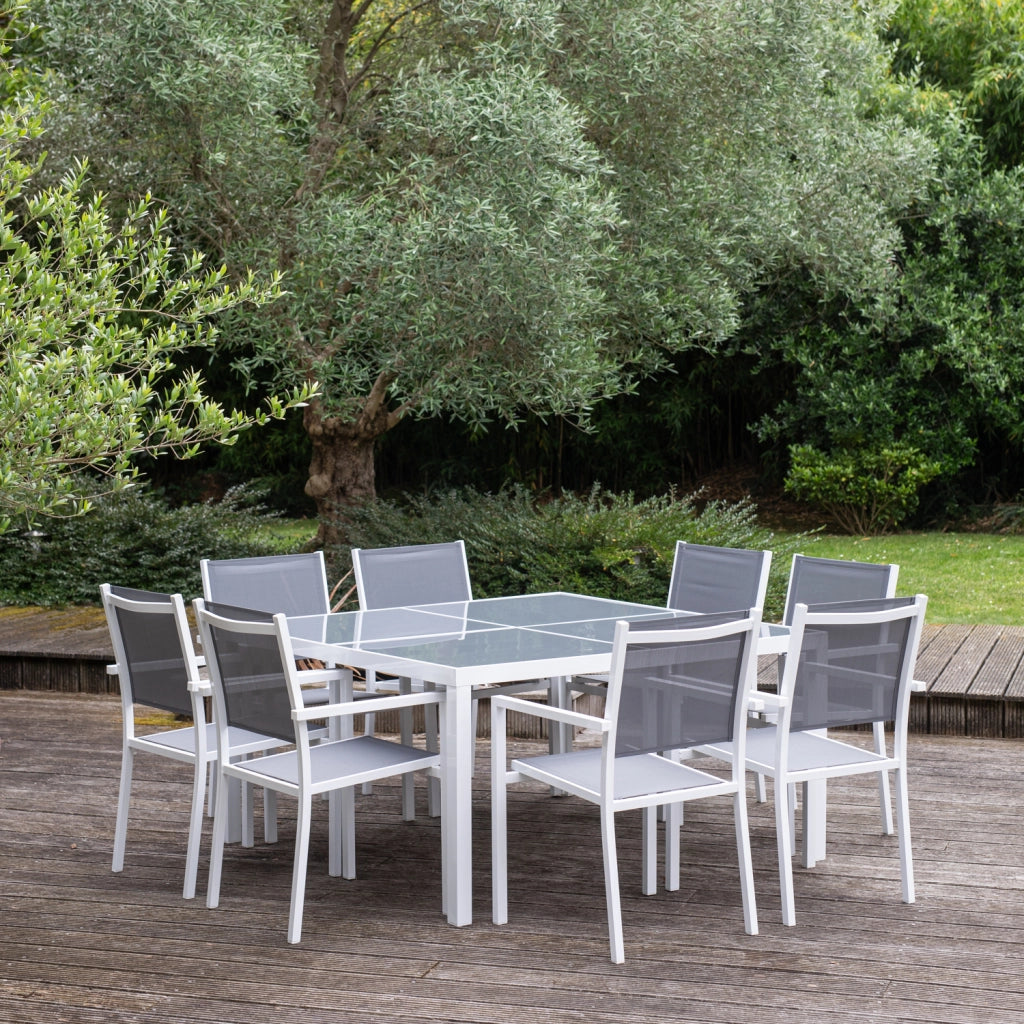 CAGLIARISet di mobili da giardino in textilene grigio 8 posti - alluminio bianco