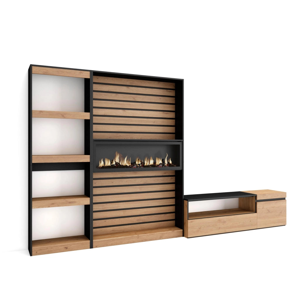 Mobile TV, Soggiorno, 320x35x186cm, Camino elettrico, colore Rovere e nero RF2598