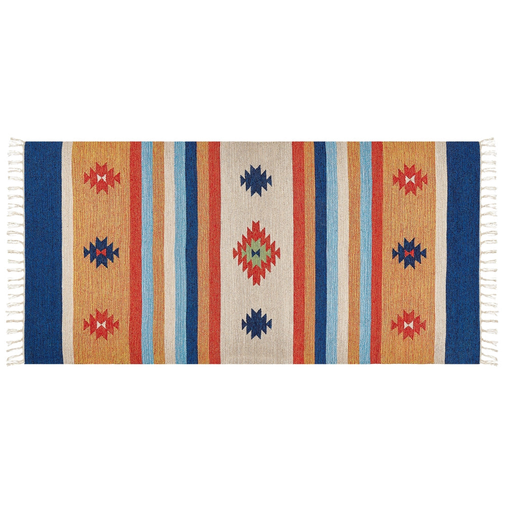 Tappeto Kilim in cotone intrecciato a mano con motivo geometrico reversibile e nappe 80 x 150 cm multicolore soggiorno camera da letto