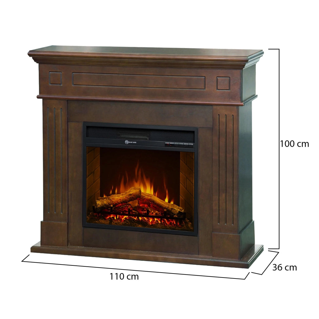 Caminetto Lentella, Camino Elettrico Superficie Riscaldabile 30 m2, 110x36x100h cm Marrone Noce