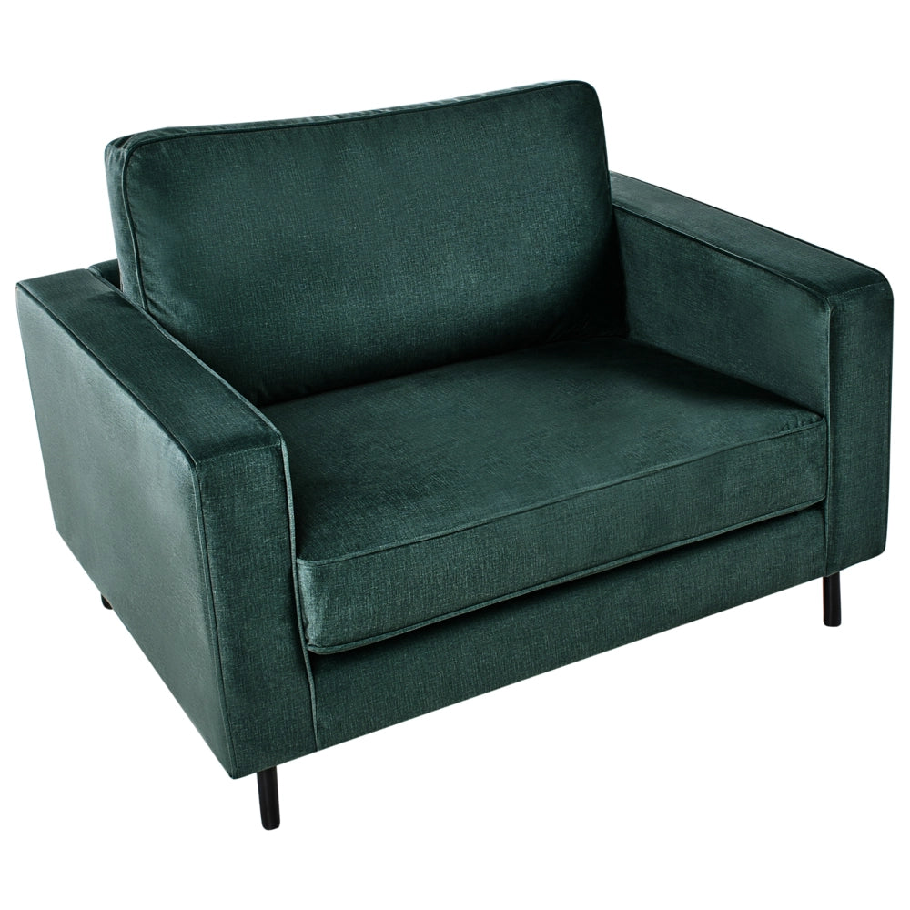 Poltrona in velluto verde scuro con cuscini e gambe in metallo stile moderno minimalista