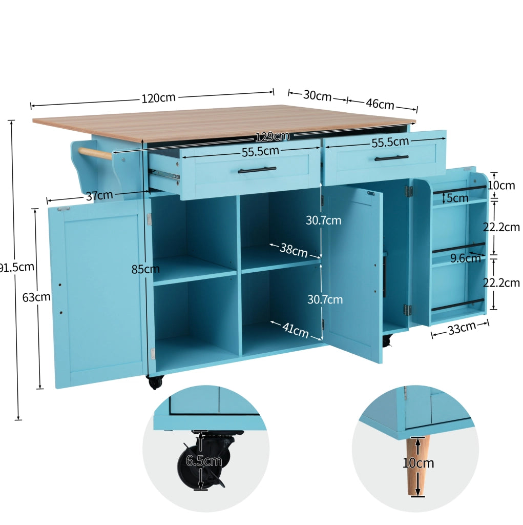 Carrello da cucina azzurro con piano pieghevole, ruote e cassetti