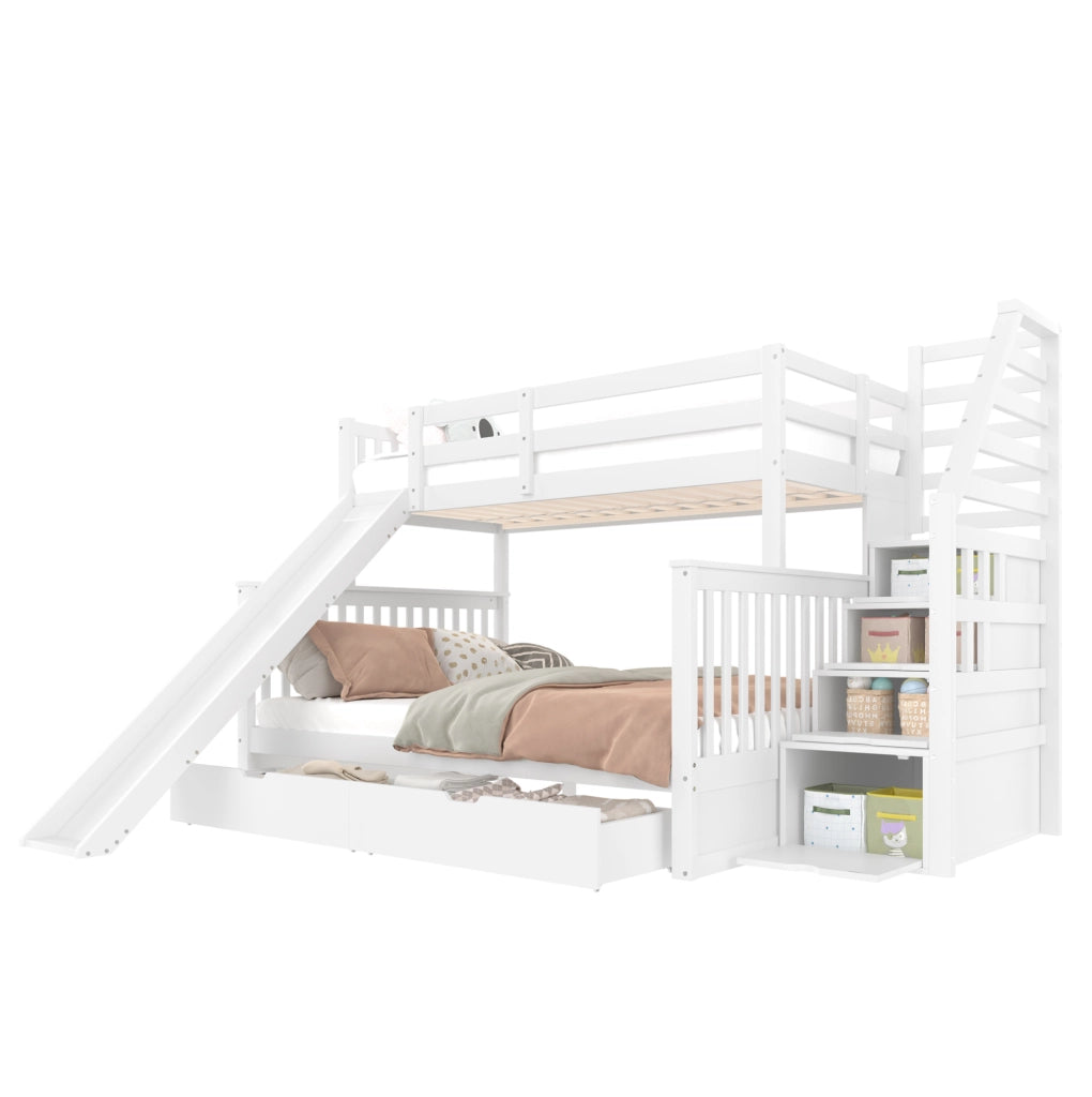 Letto a castello 90x200 sopra 140x200 con scivolo e cassetti, bianco antico