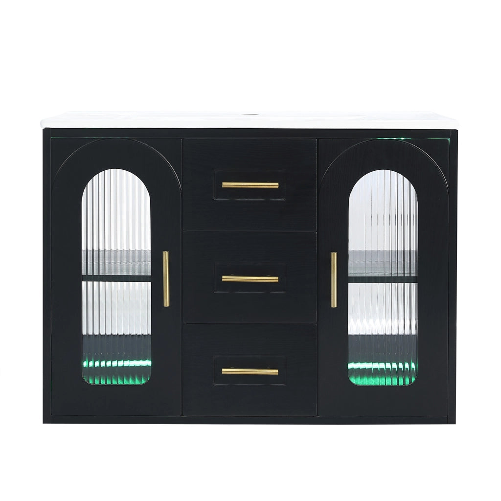 Mobile sottolavabo con 2 cassetti e LED - per bagno - in MDF e vetro - 76×46×55 cm - nero