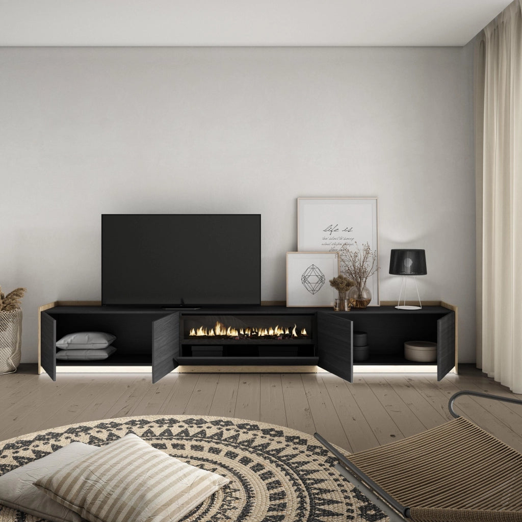 Mobile TV Soggiorno, 310x50x37 cm, Per TV fino a 80", Camino elettrico, LED, Nero e rovere