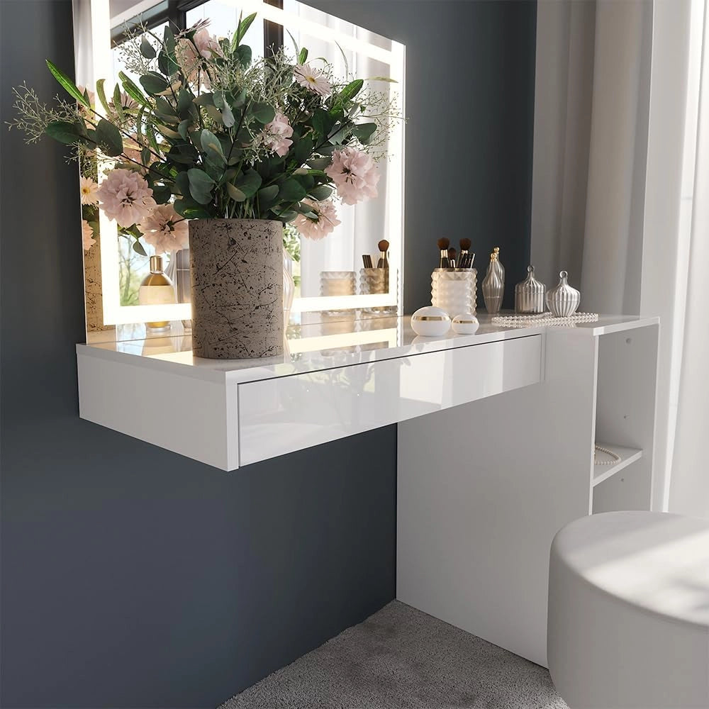 Tavolo da toeletta Sherry, Bianco/bianco lucido, 120 cm 4 parti, con illuminazione LED e specchio integrato