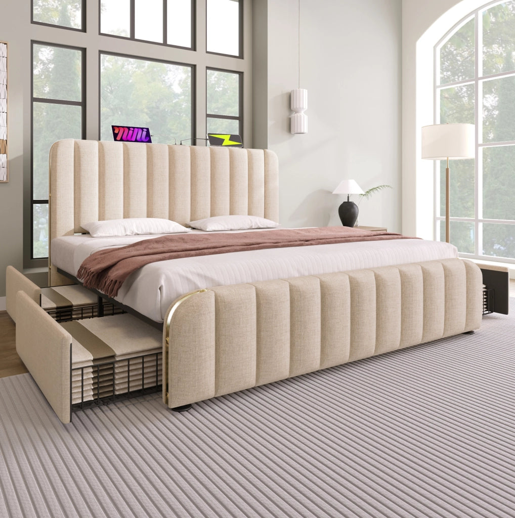 Letto matrimoniale imbottito ULEVR 180x200 cm con 4 cassetti, USB e Type-C, lino beige