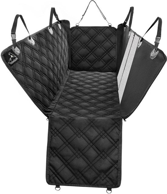 Sedili per animali per divano posteriore impermeabili! Set di protezioni per porte di accesso, divano posteriore e sedili laterali con zip e cinturino di sicurezza + 2 protezioni per testiere come omaggio. Standard Nero.