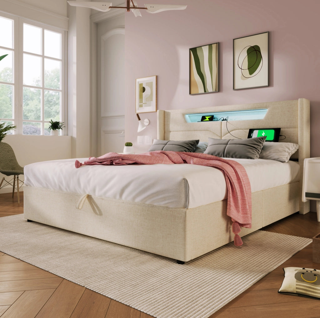 Letto matrimoniale 160x200 cm con LED; USB e Type-C; in tessuto beige