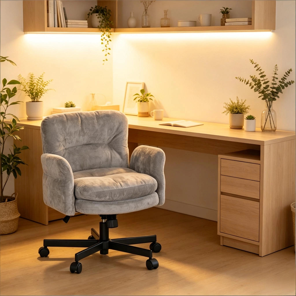 Sedia da pranzo girevole 360° ergonomica con schienale imbottito in ciniglia cotone e metallo grigio