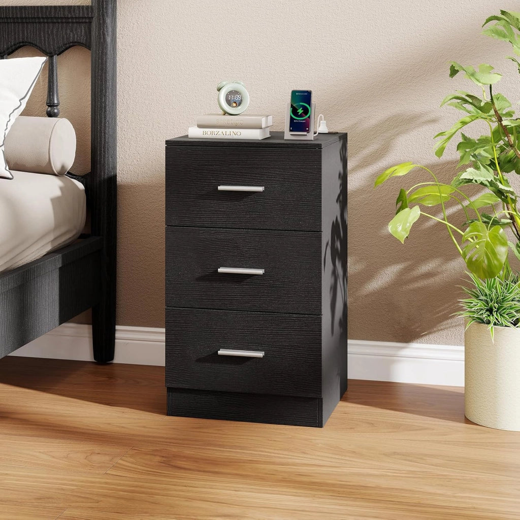 Comodino Camera da Letto 37 x 34 x 66,5cm, Cassettiera in Legno Moderno con 3 Cassetti, Mobile Salvaspazio per Soggiorno, Ufficio e Camerretta (2,Nero)