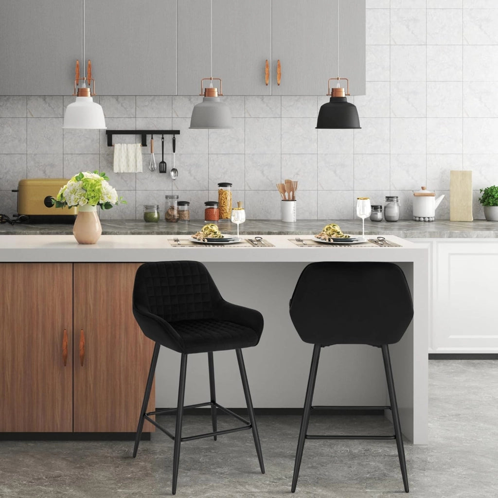 Set di 4 Sgabelli da Bar, Sedie da Cucina, con Schienale & Braccioli, Struttura in Acciaio, Seduta Ampia in Velluto Altezza di 64 cm, Colore Nero BH372sz-4