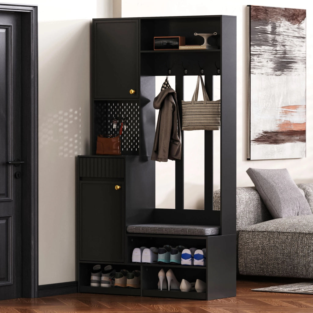 Set completo appendiabiti con panca imbottita, 4 ganci, ante e cassetti, nero, 100×180×35 cm