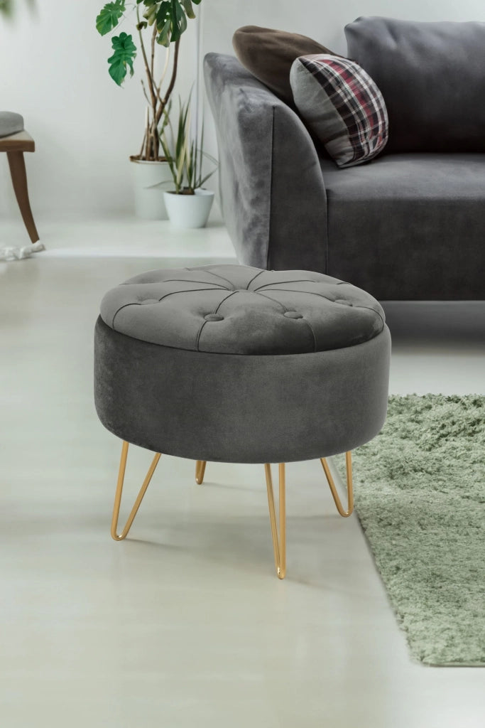 Pouf a scomparto rotonda in velluto trapuntato AKORD CARO colore Grigio