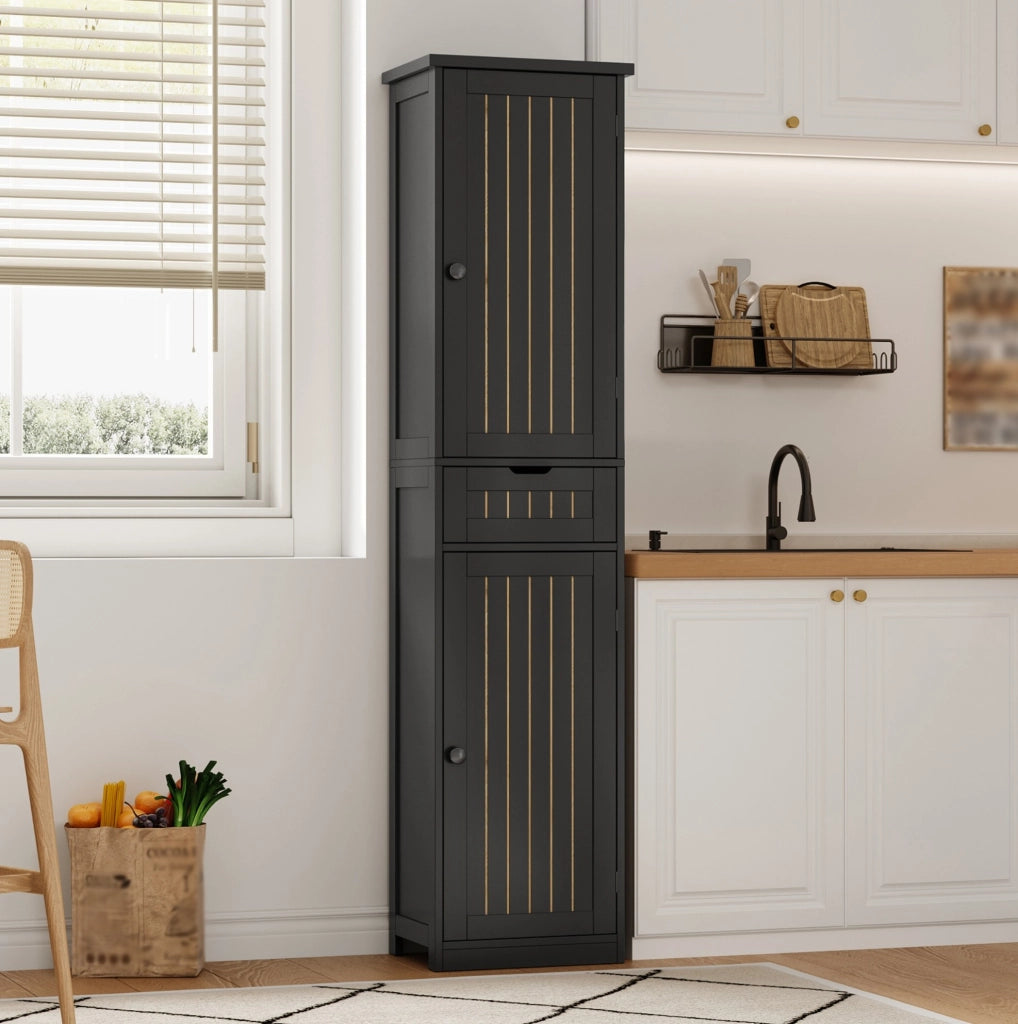Armadio dispensa alto 170x40x30 cm in MDF nero; con ripiani regolabili e dettagli a griglia