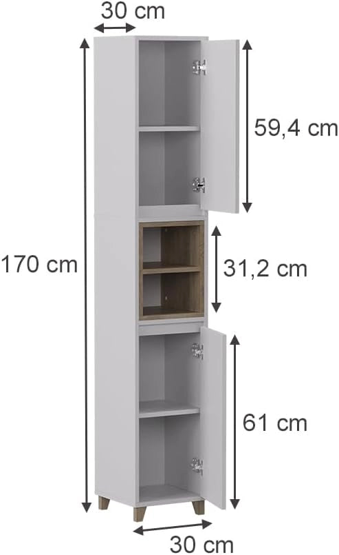 Armadio per il bagno Elnor, Bianco/quercia, 30 x 170 cm con 2 porte, per la conservazione di tessili da bagno e combinabile con Elnor