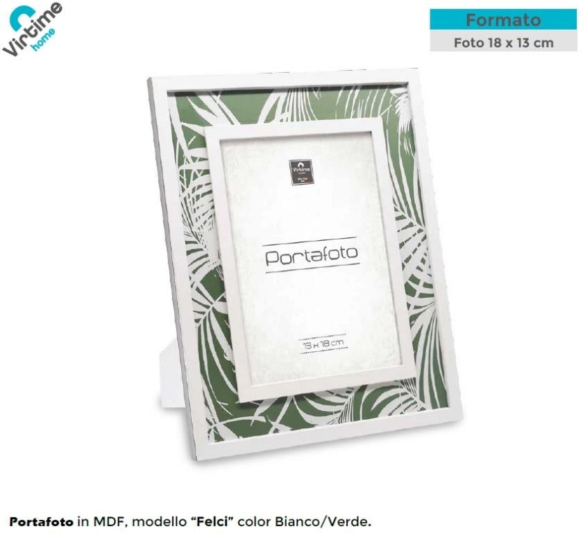 Cornice Portafoto in Legno MDF da Appoggio Bianco e Verde Felci 13 x 18 cm