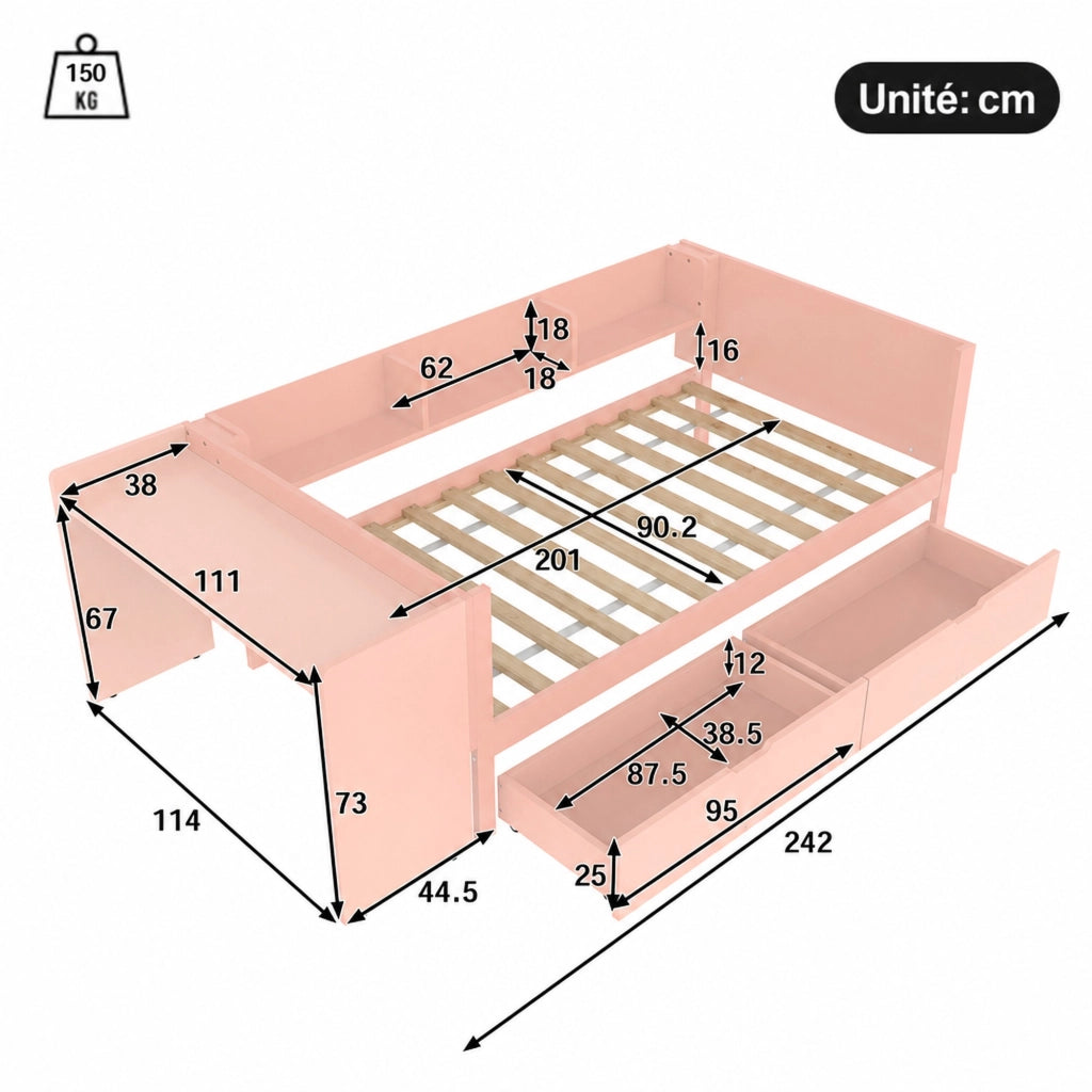 DESMIU Letto combinato letto singolo 1 posto con scrivania, 2 cassetti e 3 ripiani, 90 × 200 cm, senza materasso, rosa