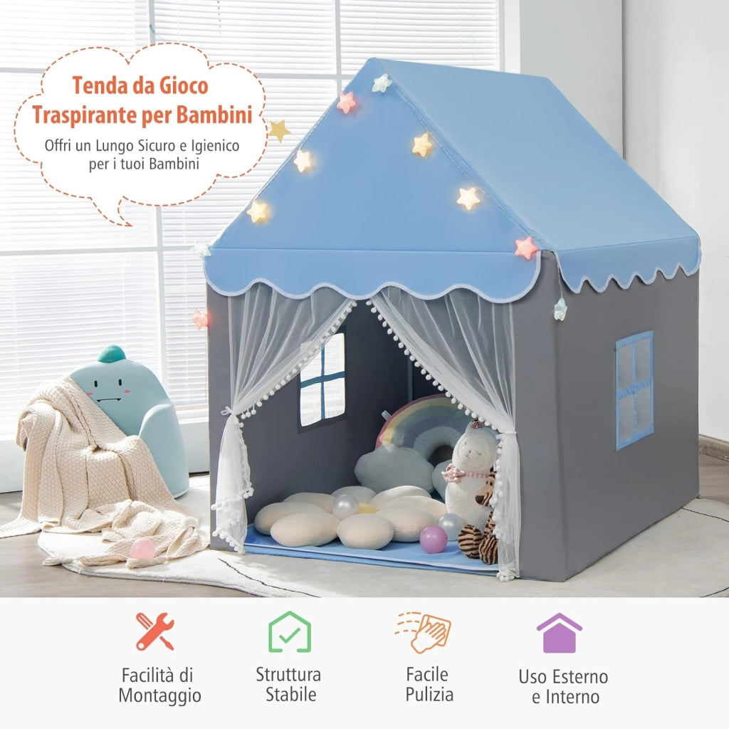 Tenda da Gioco per Bambini, Tenda Castello con Tappetino Lavabile, Luci a Forma di Stella, per Interno ed Esterno, 105 x 121 x 136 cm (Azzurro)