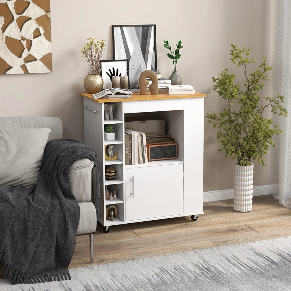 Isola da cucina con ruote e portabottiglie a 6 scomparti piano in bamb¨´, Carrello da cucina 76x44x89cm Bianco-Carrelli