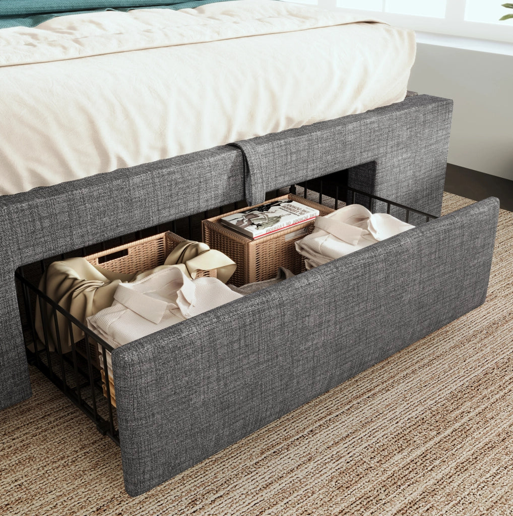 Letto imbottito 90x200 cm con contenitore idraulico; LED; USB e USB-C; grigio in lino