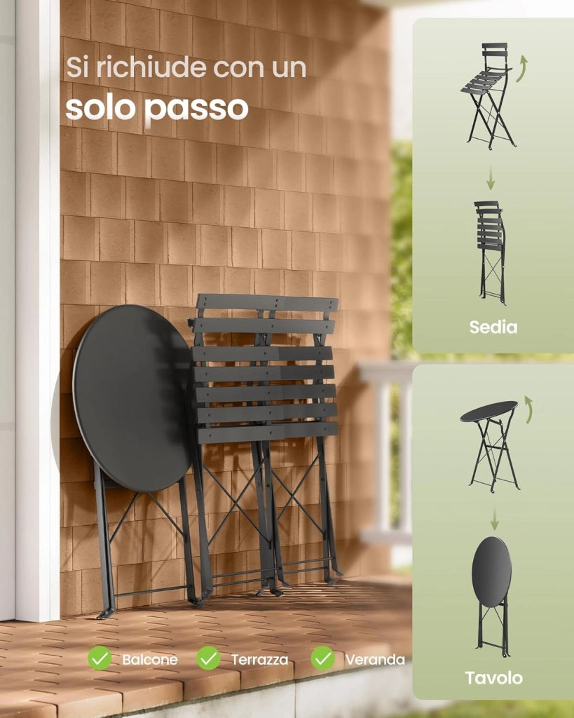 SONGMICS Set da Giardino da Esterno, 3 Pezzi, 2 Sedie, 1 Tavolo, Pieghevole, Salottino da Esterno, Acciaio, Resistente alle Intemperie, per Balcone, Terrazza, Nero Inchiostro GGF036BZ01