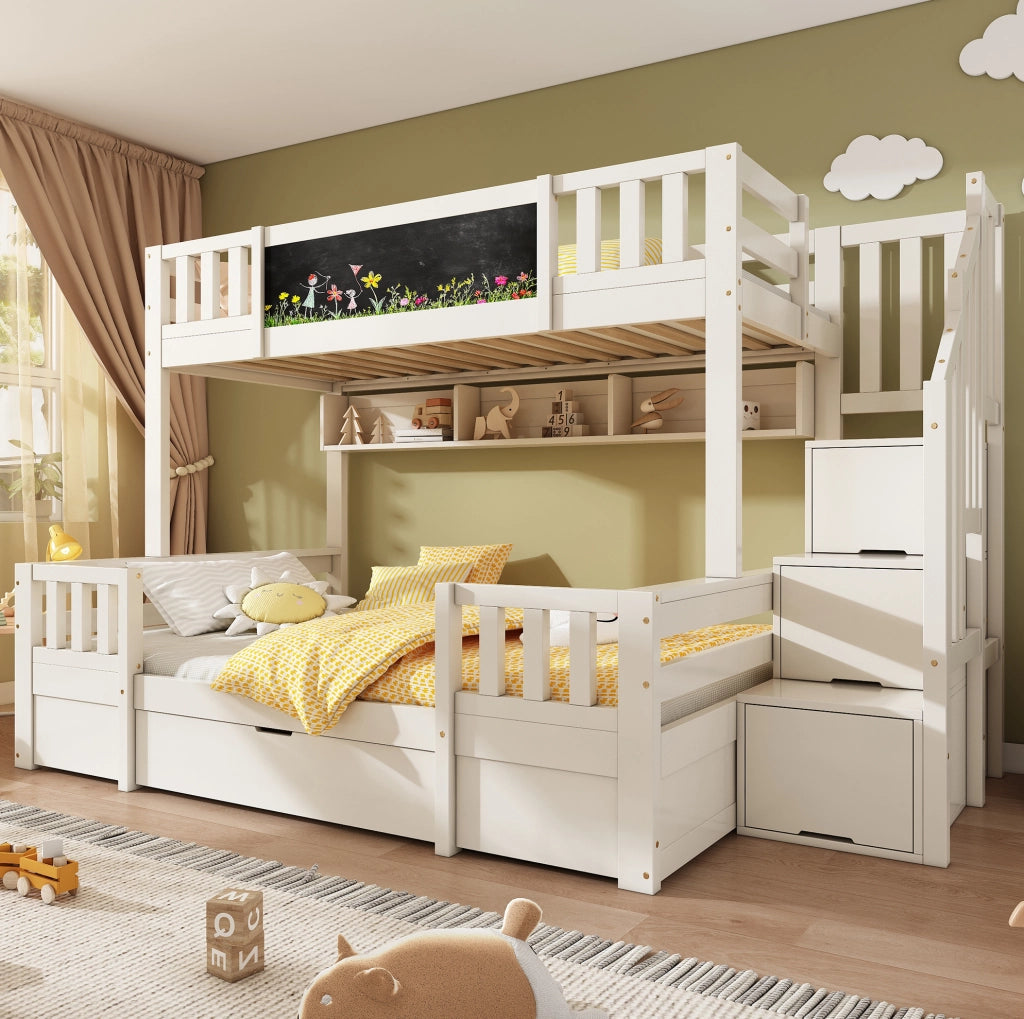 Letto a castello con lavagna; armadio-scala e cassetti; per materassi 90/140 x 200 cm; legno e metallo; bianco
